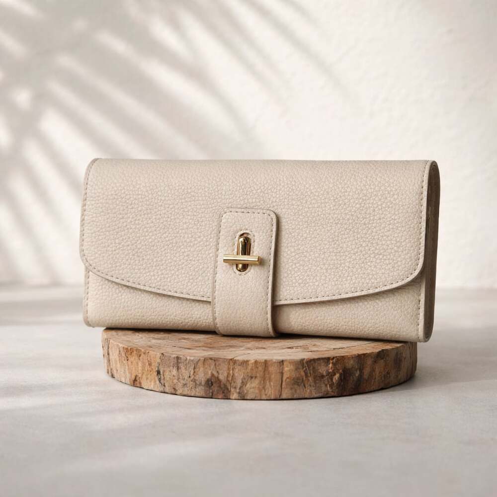Beige Faux Pebble Leather Turn-Lock Long Wallet